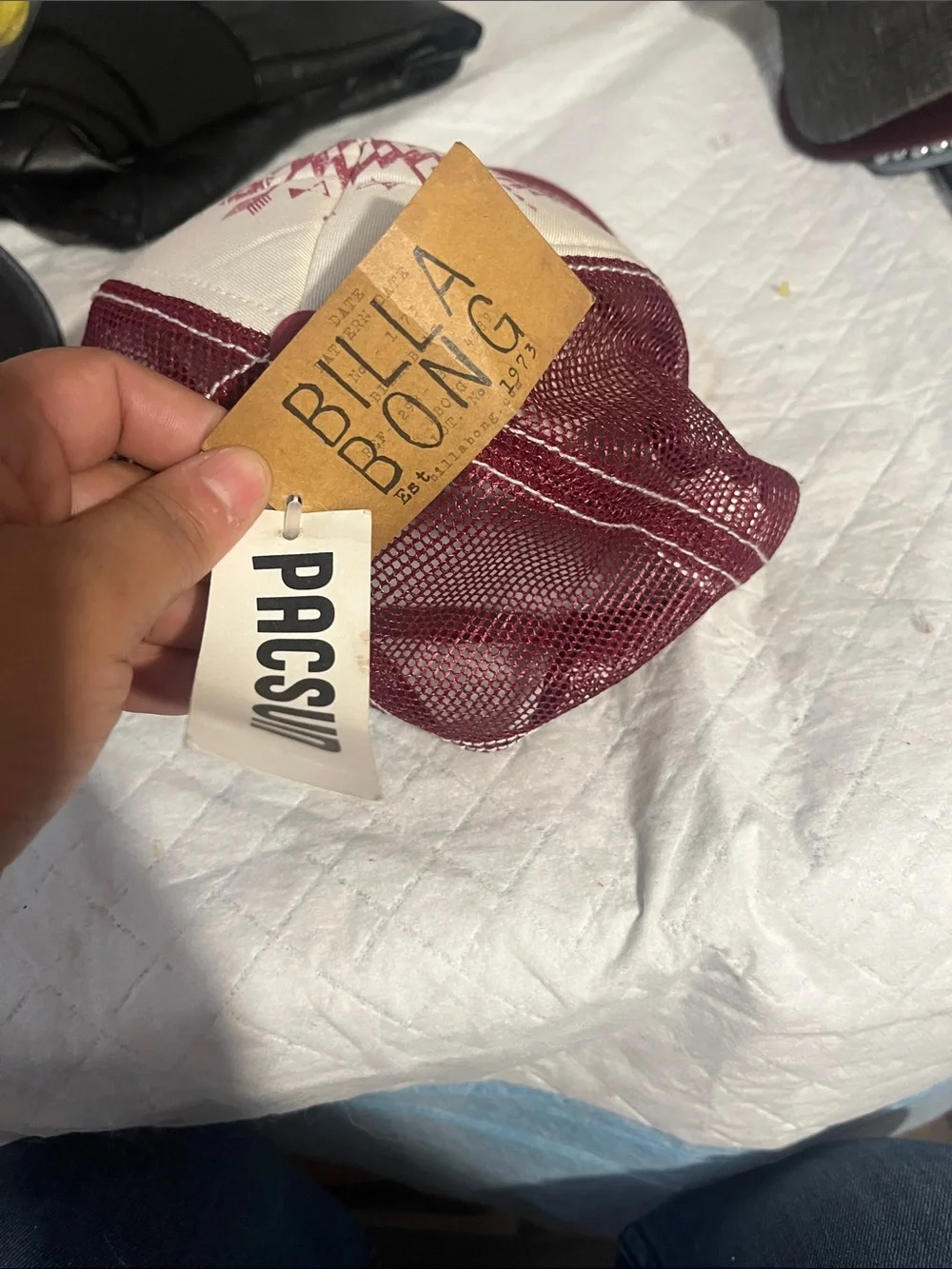 Vintage Billabong Maroon and Cream Geometric Logo Trucker Hat